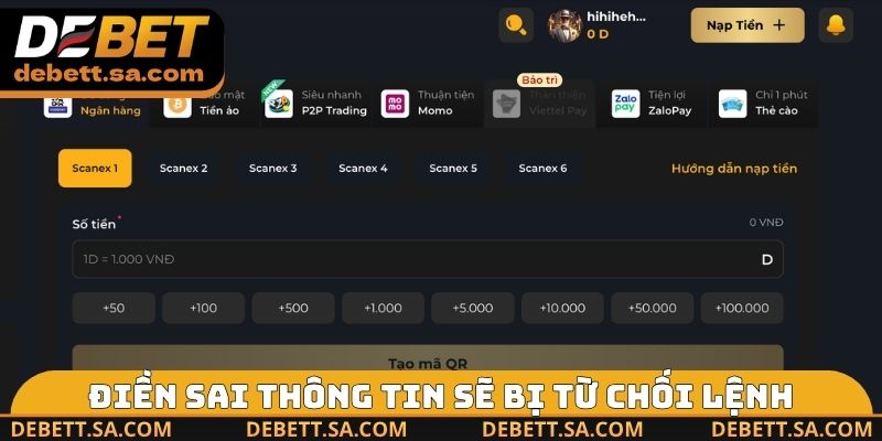 Điền sai thông tin sẽ bị từ chối lệnh