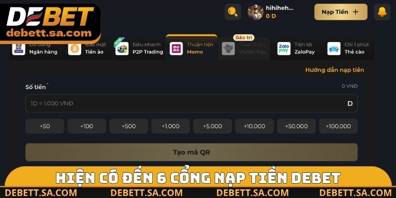 Hiện có đến 6 cổng nạp tiền DEBET